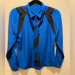 Gucci Tie Neck Blouse button closure Blue and Black with shoulder details size 6